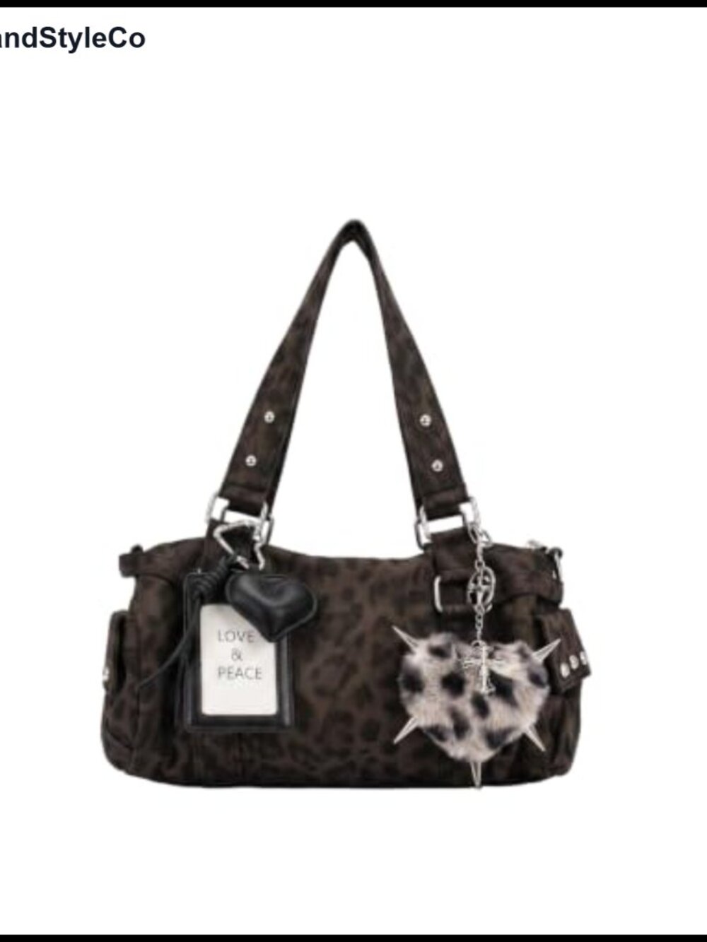 Leopard Print Washed Denim Crossbody Bag Rivet Cargo Pockets Heart Charm Y2K